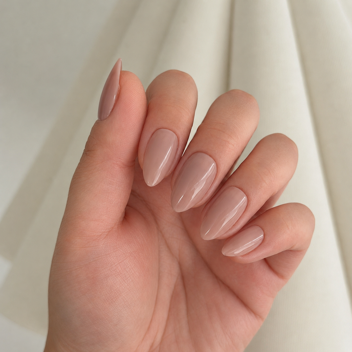 Verona milky pink almond soft gel press-on nails by astrelle