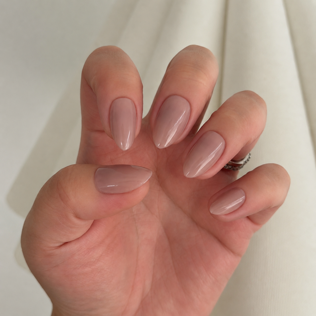 Verona milky pink almond soft gel press-on nails by astrelle